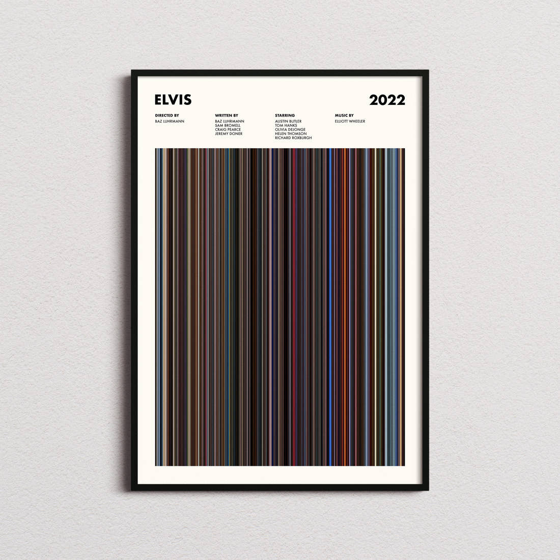 Elvis Movie Barcode Poster framed on a plain studio wall