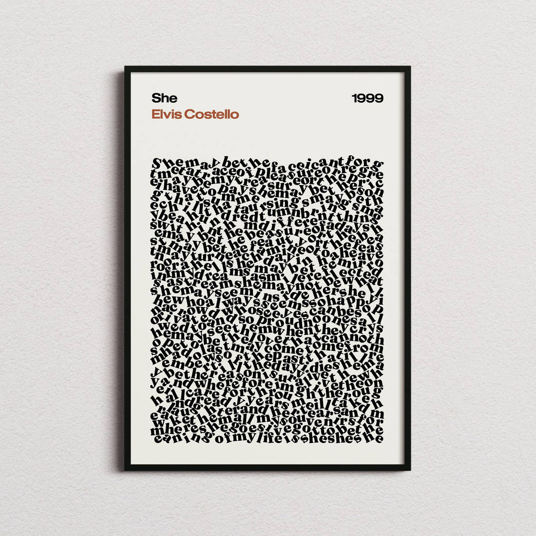 Elvis Costello She Lyric Print in the cream colourway, framed