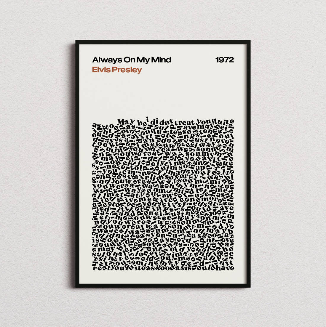 Elvis Presley Always on My Mind Lyric Print in the cream colourway, framed