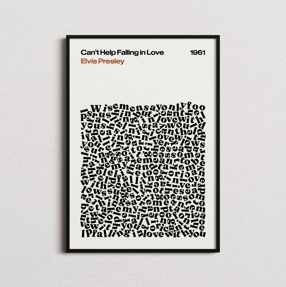 Elvis Presley Cant Help Falling In Love Lyric Print in the cream colourway, framed