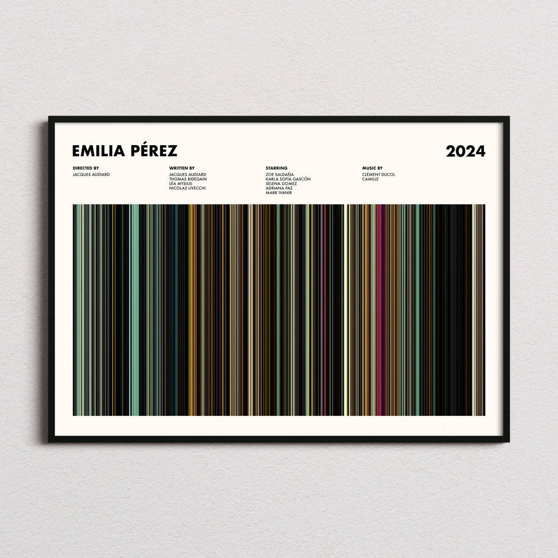 Emilia Pérez Movie Barcode Poster framed and photographed straight on
