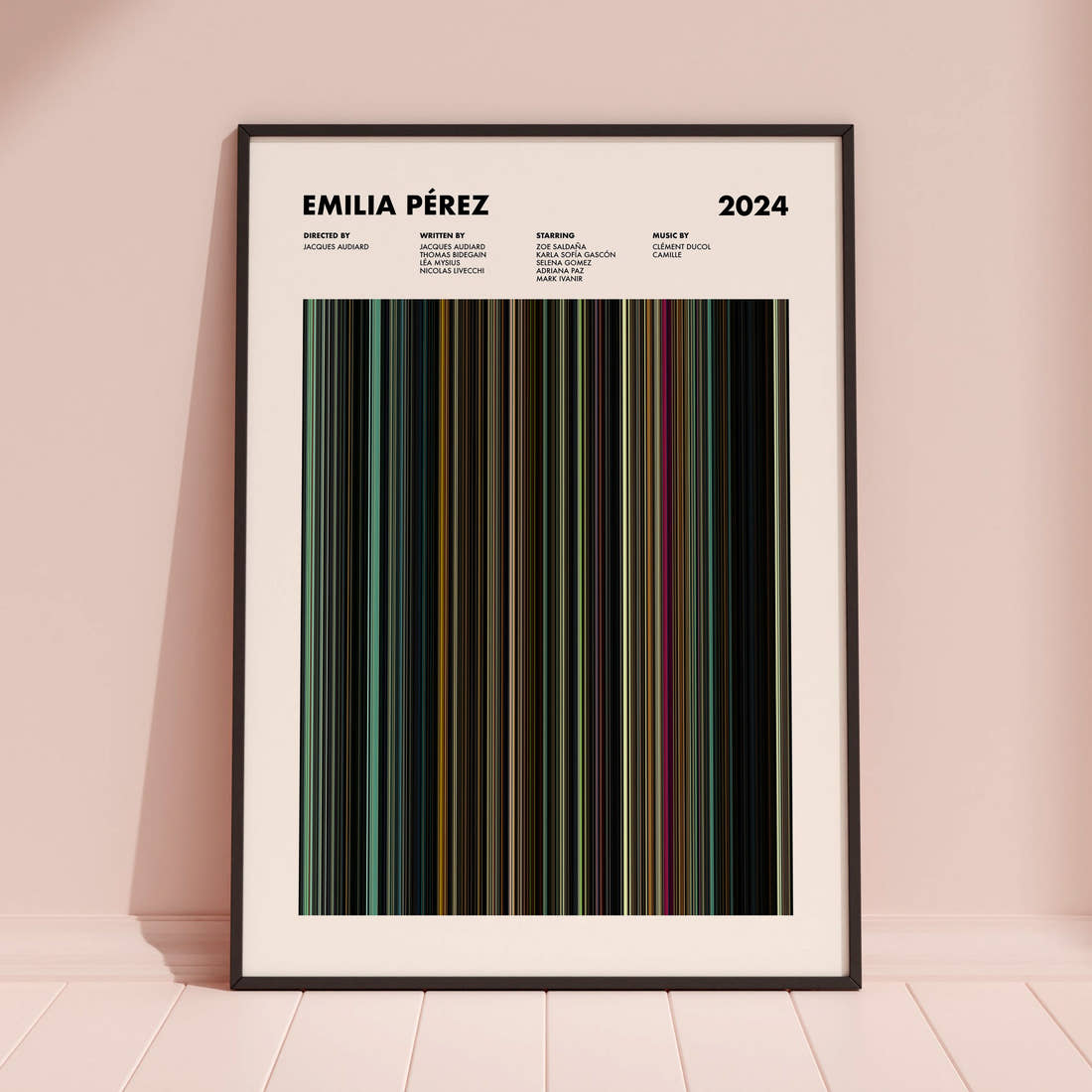 Emilia Pérez Movie Barcode Poster framed and leaning against a coloured wall
