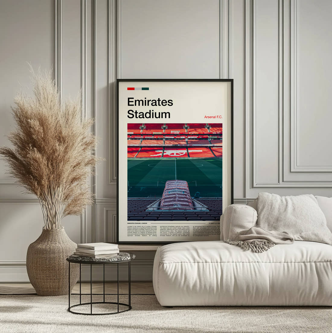 Emirates Stadium Print framed on the wall of a calm, neutral bedroom