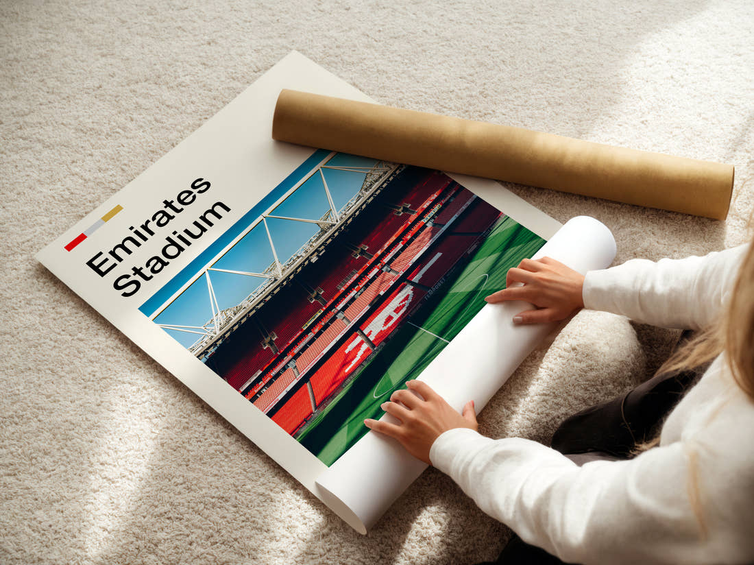 Emirates Stadium Print being unrolled from its postal tube