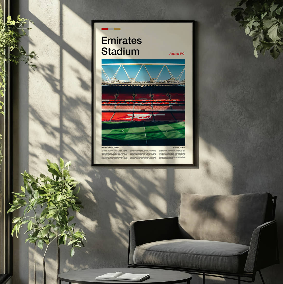 Emirates Stadium Print framed on the wall of a relaxed living room