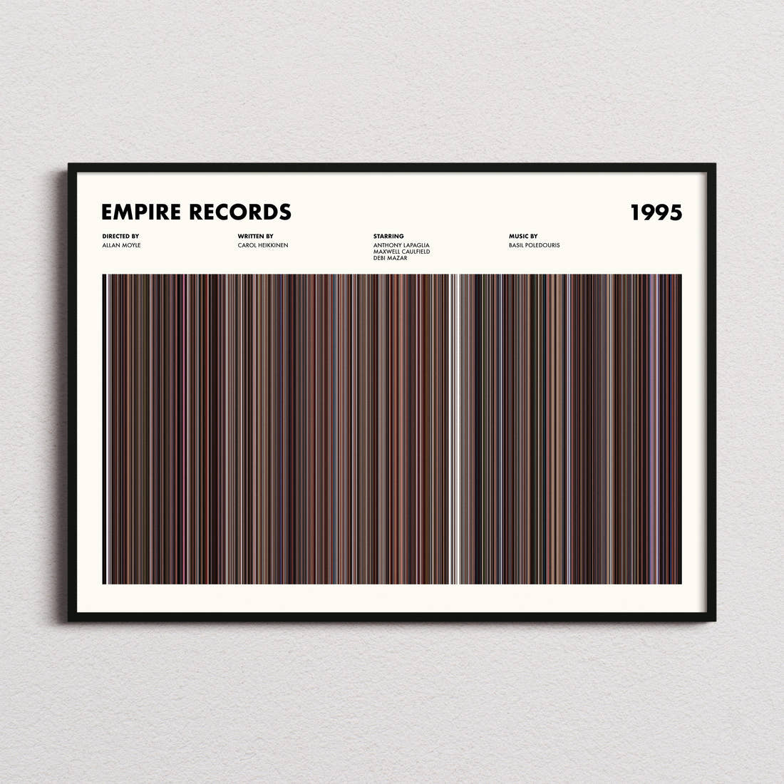 Empire Records Movie Barcode Poster framed and photographed straight on