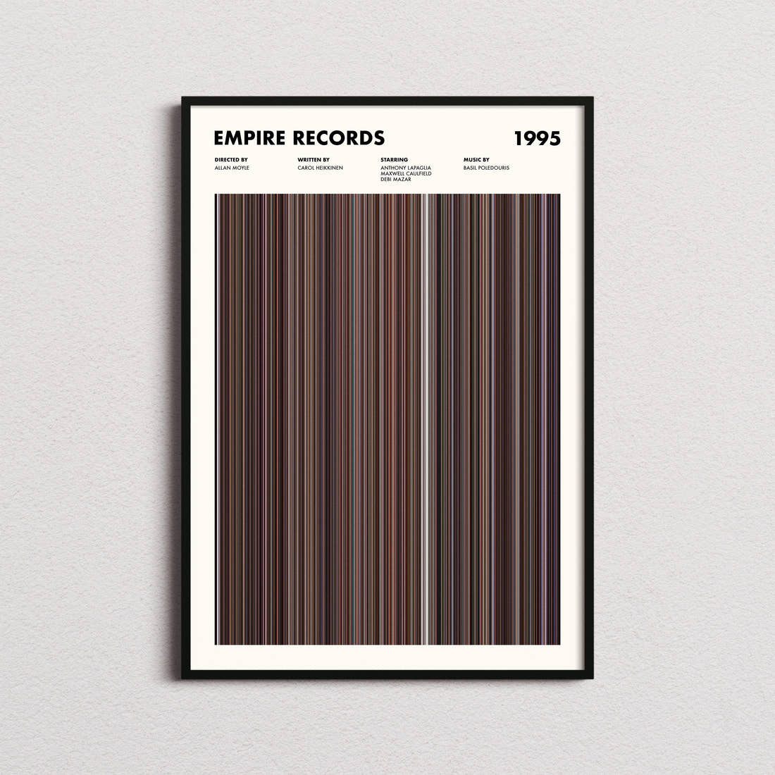 Empire Records Movie Barcode Poster framed on a plain studio wall