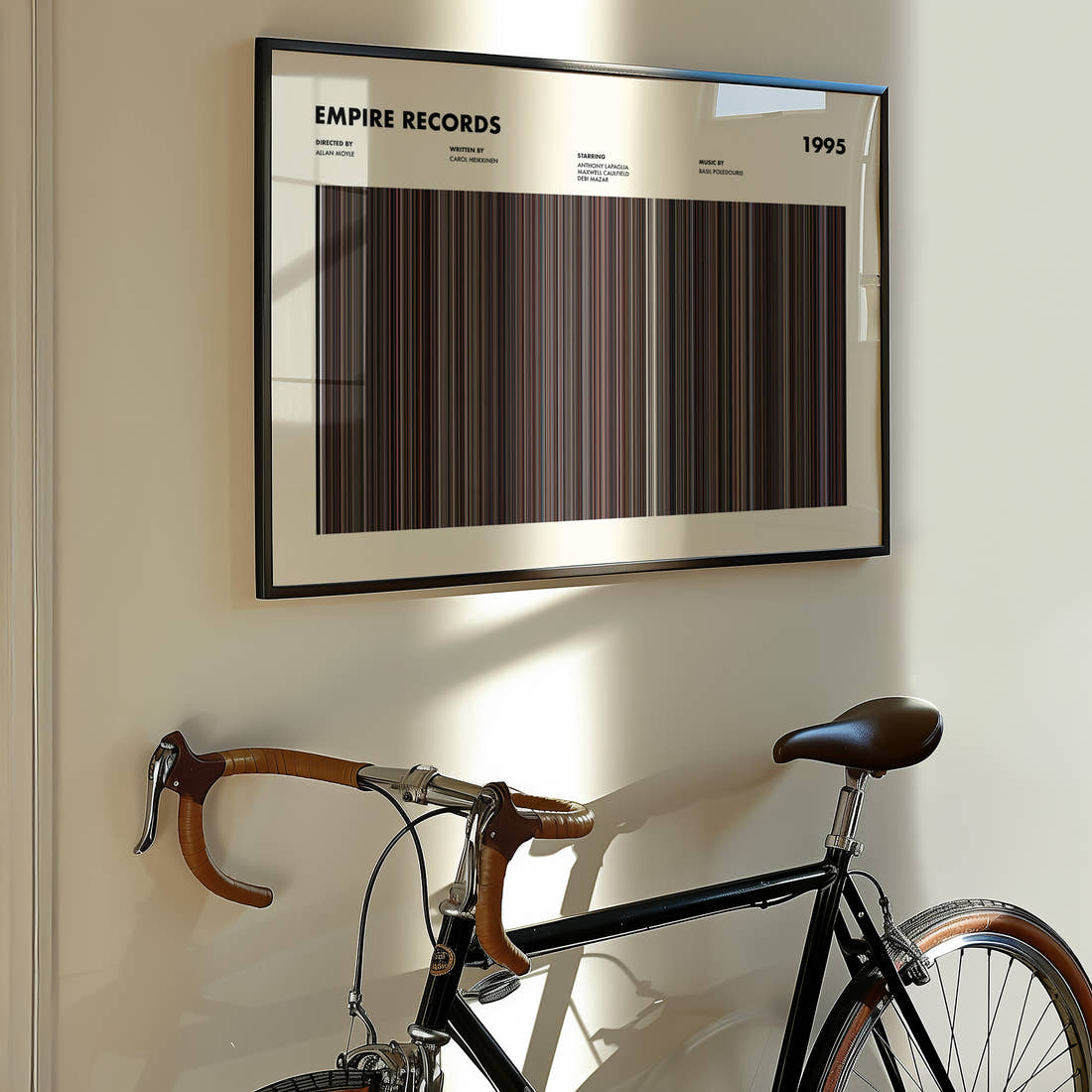 Empire Records Movie Barcode Poster framed on the wall of a styled room setting