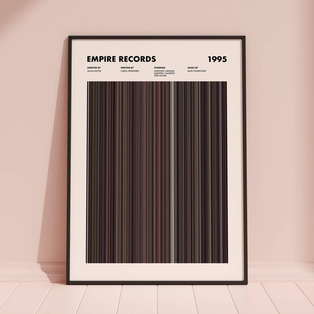 Empire Records Movie Barcode Poster framed and leaning against a coloured wall