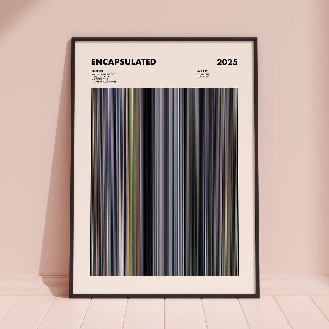 Encapsulated Movie Barcode Poster framed and leaning against a coloured wall