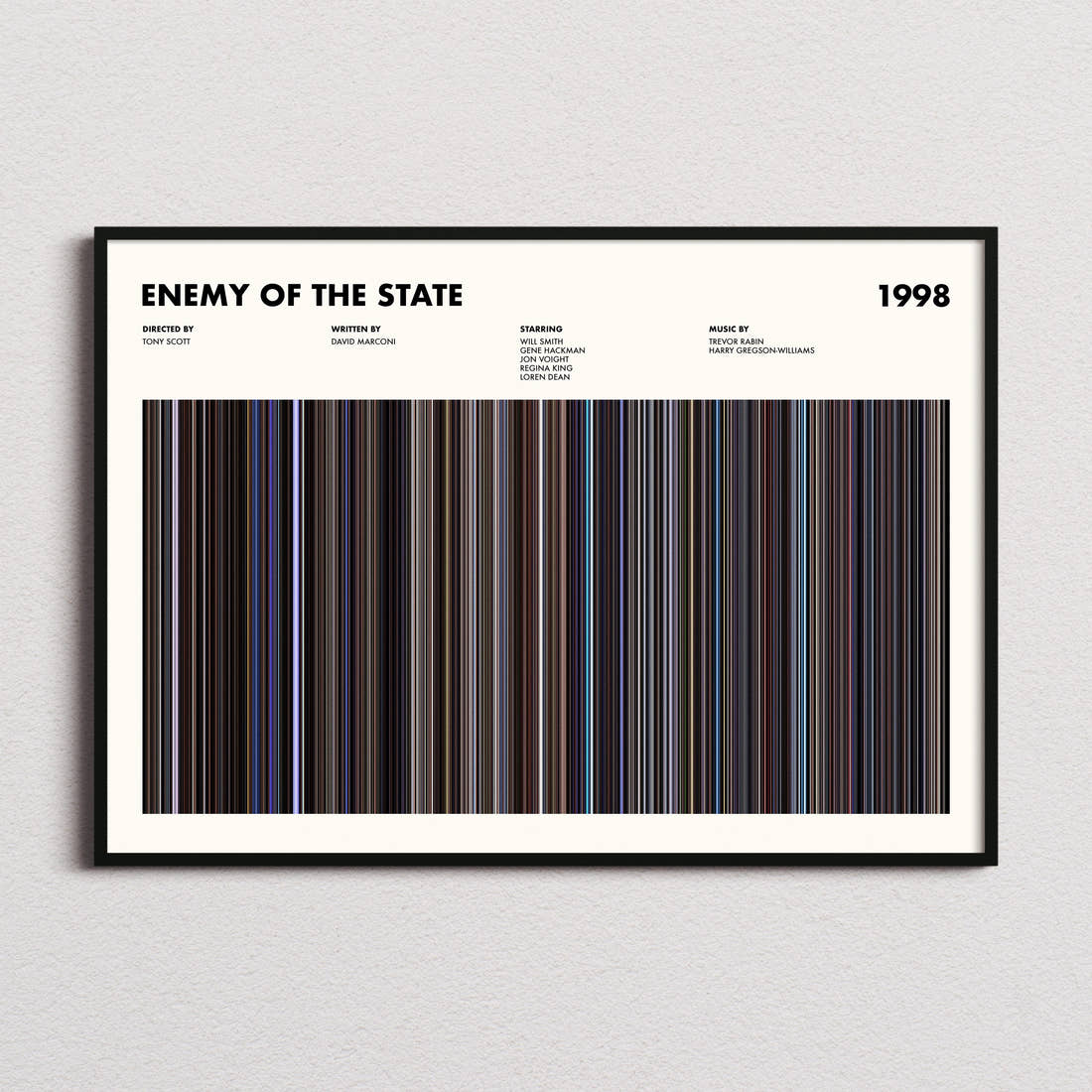 Enemy of the State Movie Barcode Poster framed and photographed straight on