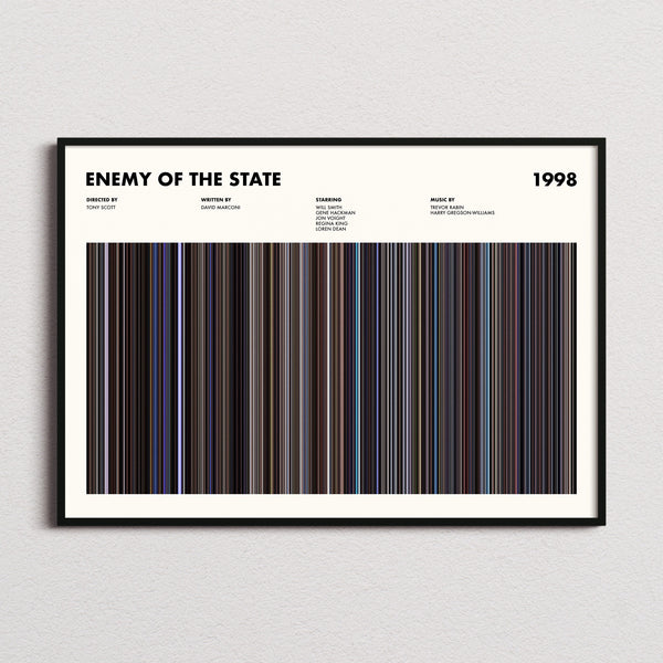 Enemy of the State Movie Barcode Poster framed and photographed straight on