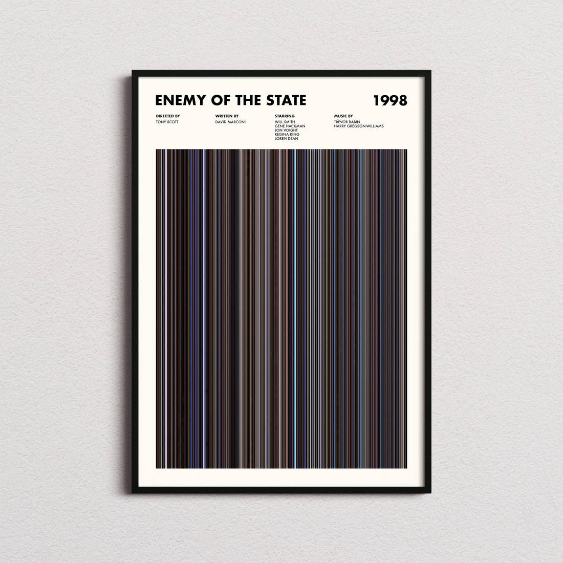 Enemy of the State Movie Barcode Poster framed on a plain studio wall