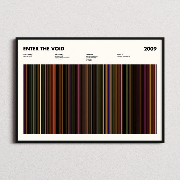 Enter the Void Movie Barcode Poster framed and photographed straight on