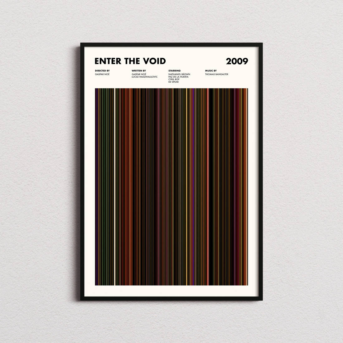 Enter the Void Movie Barcode Poster framed on a plain studio wall