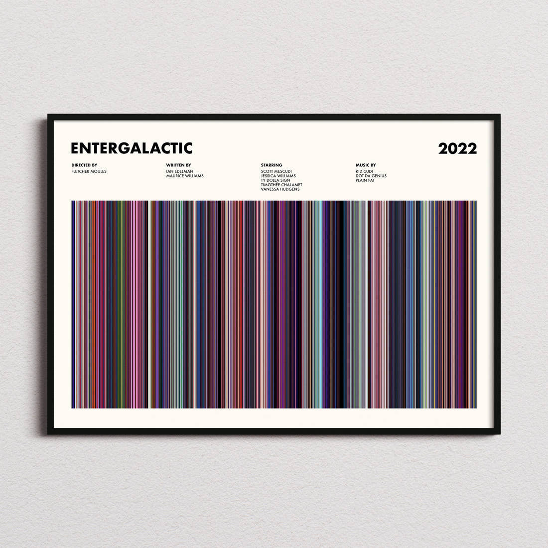 Entergalactic Movie Barcode Poster framed and photographed straight on