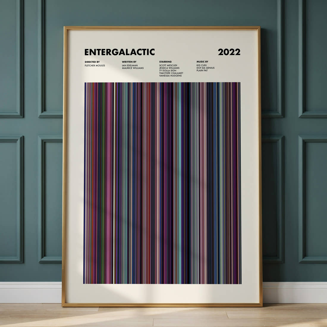 Entergalactic Movie Barcode Poster framed and leaning against a panelled wall