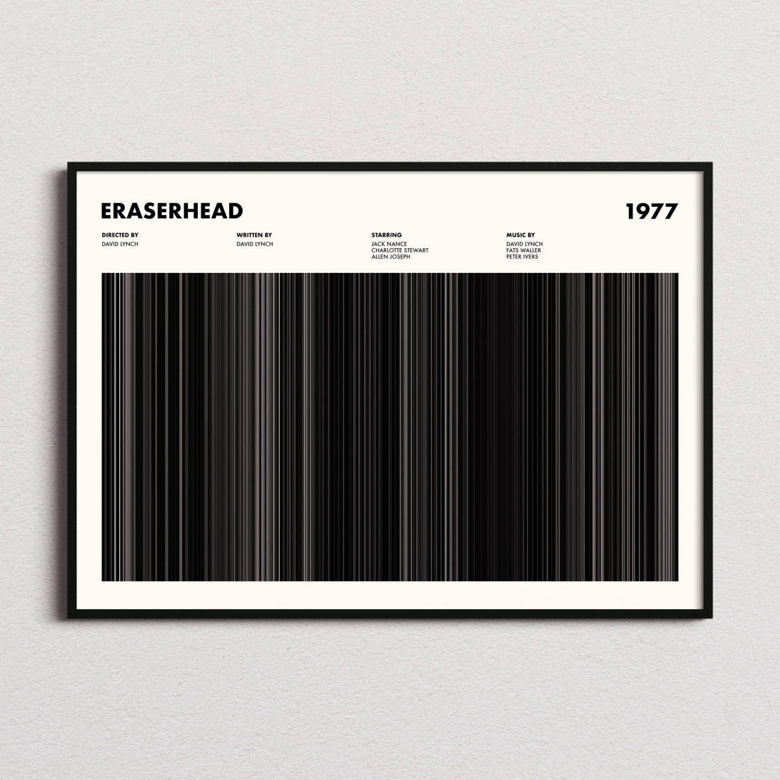 Eraserhead Movie Barcode Poster framed and photographed straight on