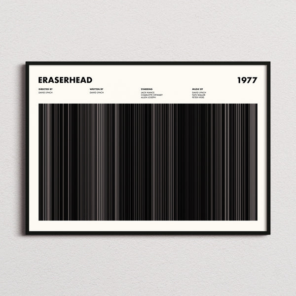 Eraserhead Movie Barcode Poster framed and photographed straight on