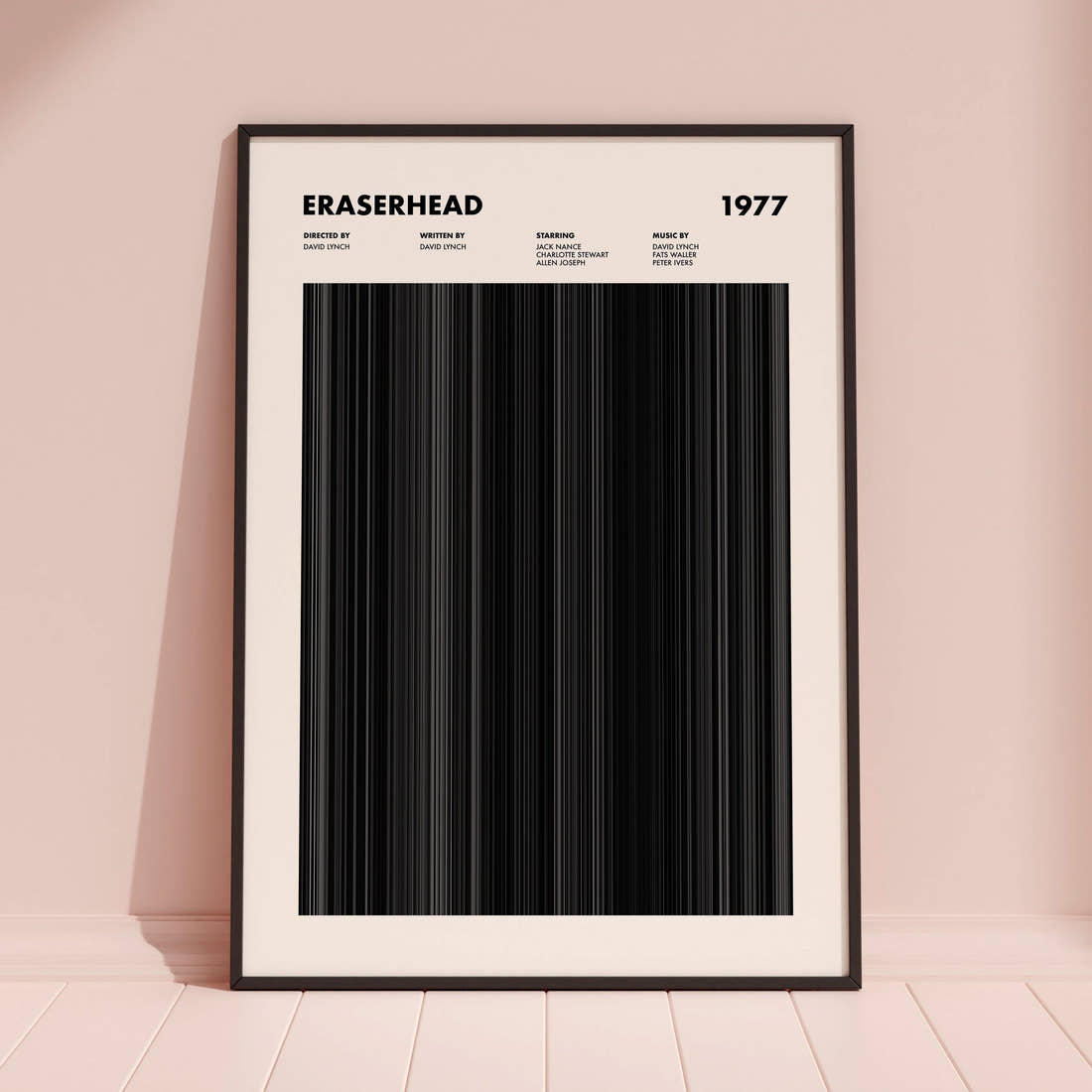 Eraserhead Movie Barcode Poster framed and leaning against a coloured wall