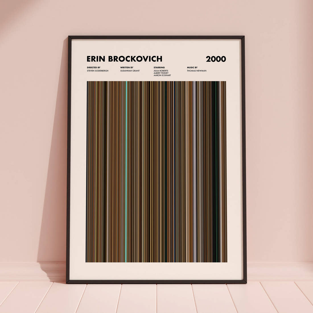 Erin Brockovich Movie Barcode Poster framed and leaning against a coloured wall