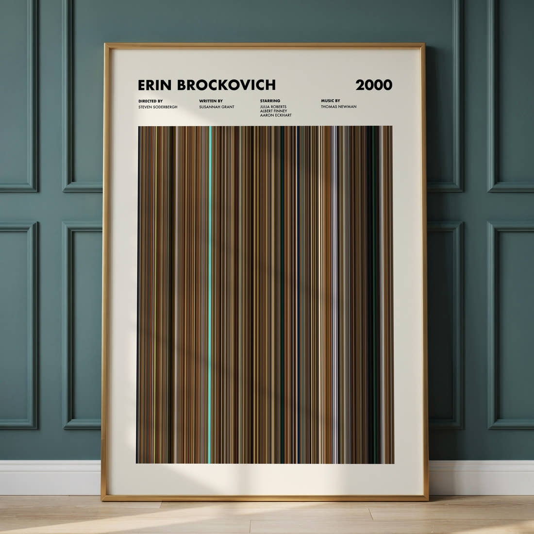 Erin Brockovich Movie Barcode Poster framed and leaning against a panelled wall