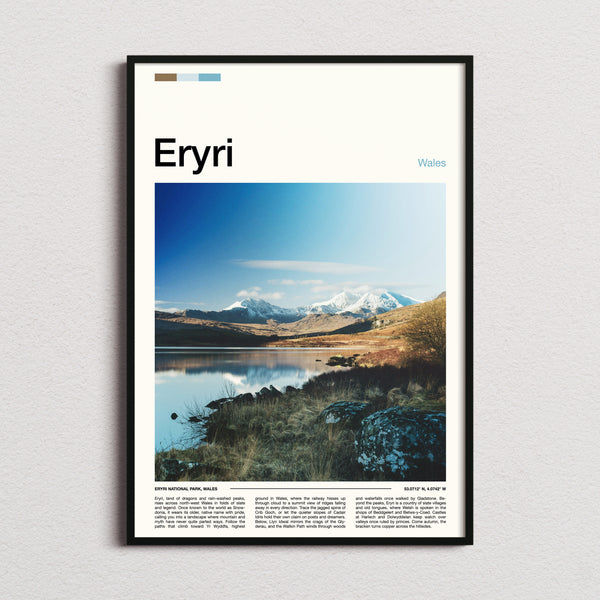 Eryri Snow-Capped Mountain Range Travel Print framed and photographed straight on