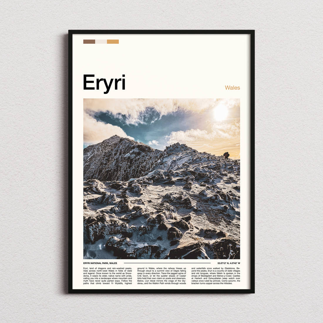 Eryri Snow-Capped Ridge Travel Print framed and photographed straight on