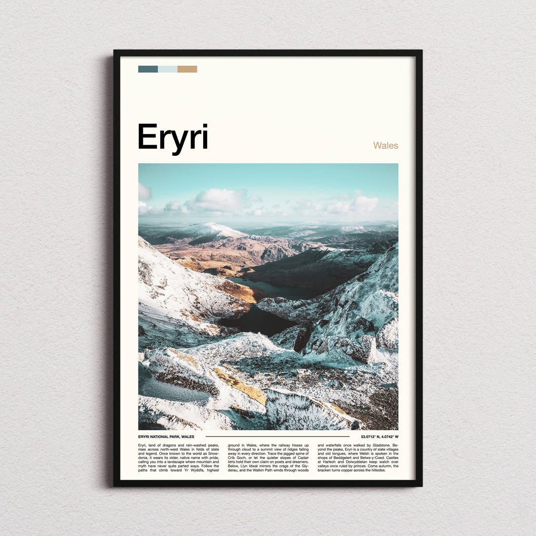 Eryri Snow-Dusted Mountain Valley Travel Print framed and photographed straight on