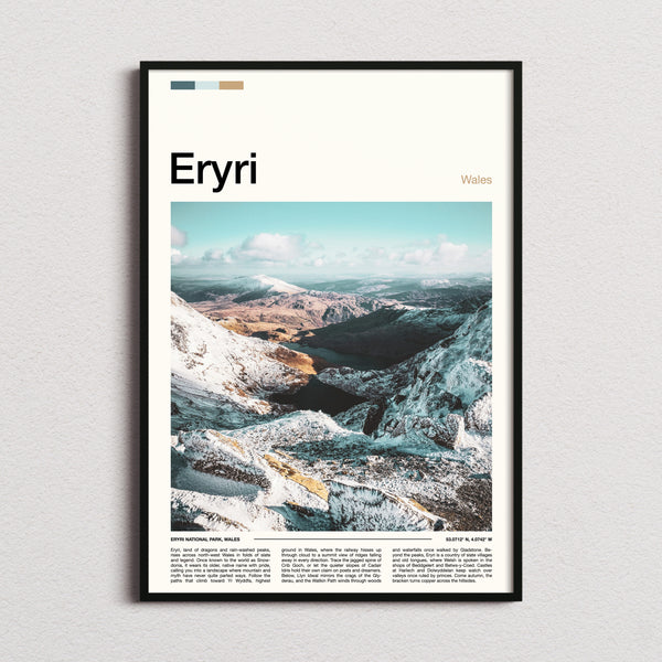 Eryri Snow-Dusted Mountain Valley Travel Print framed and photographed straight on