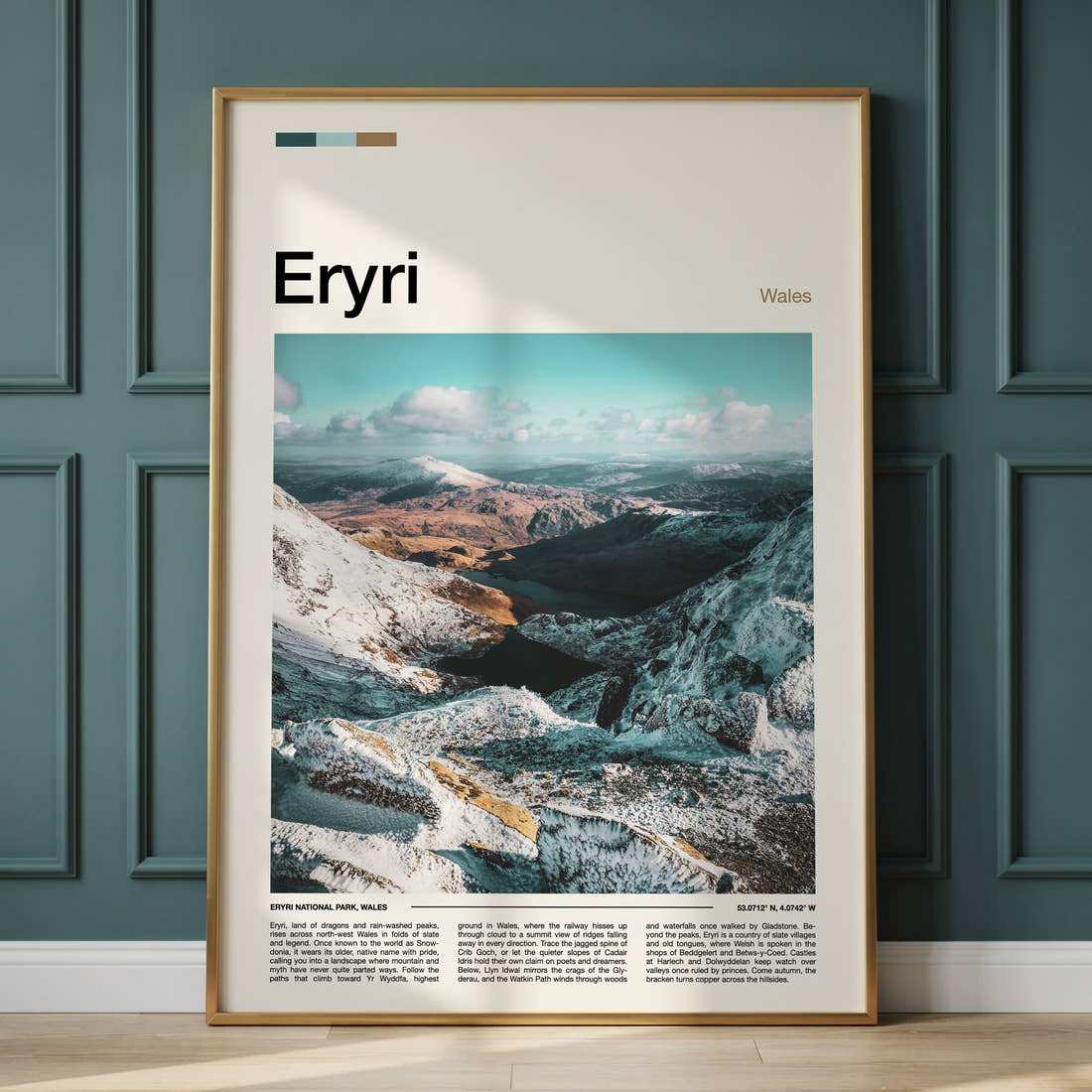 Eryri Snow-Dusted Mountain Valley Travel Print framed on the wall of a calm, neutral bedroom