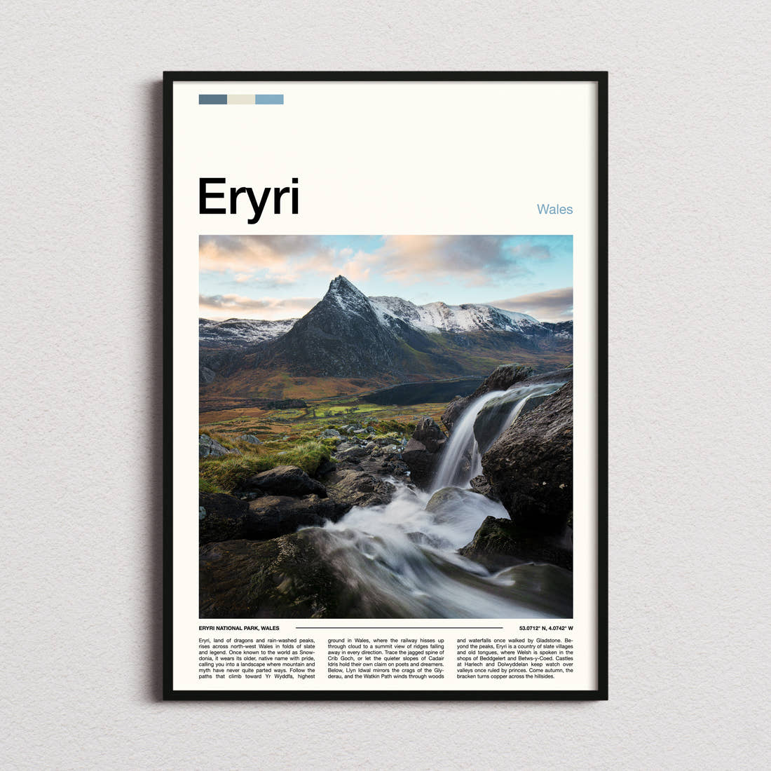 Eryri Waterfall And Peak Travel Print framed and photographed straight on