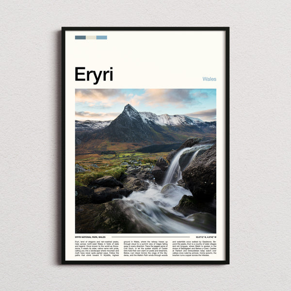 Eryri Waterfall And Peak Travel Print framed and photographed straight on