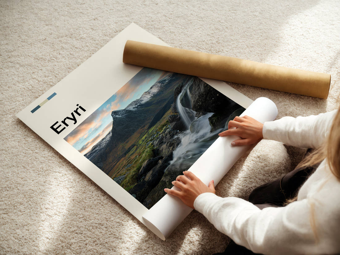 Eryri Waterfall And Peak Travel Print being unrolled from its postal tube