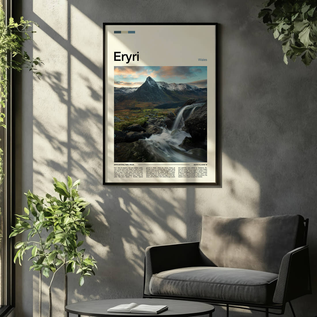 Eryri Waterfall And Peak Travel Print framed on the wall of a relaxed living room