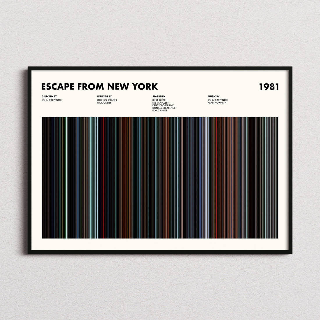 Escape From New York Movie Barcode Poster framed and photographed straight on