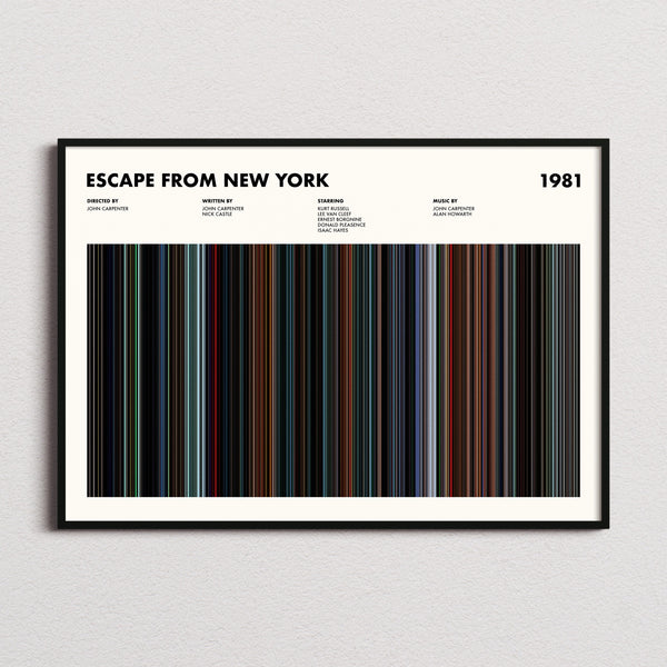 Escape From New York Movie Barcode Poster framed and photographed straight on
