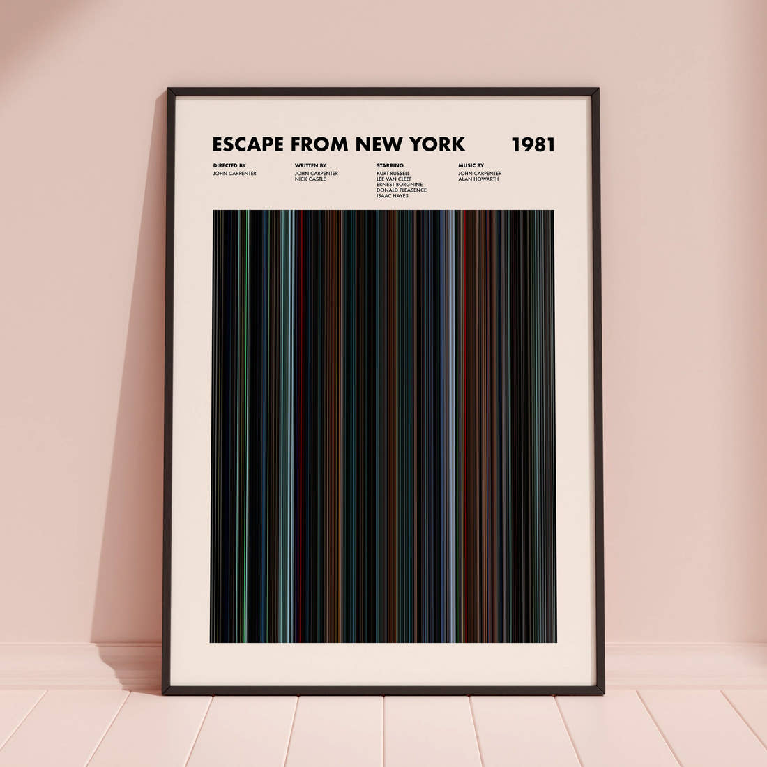 Escape From New York Movie Barcode Poster framed and leaning against a coloured wall
