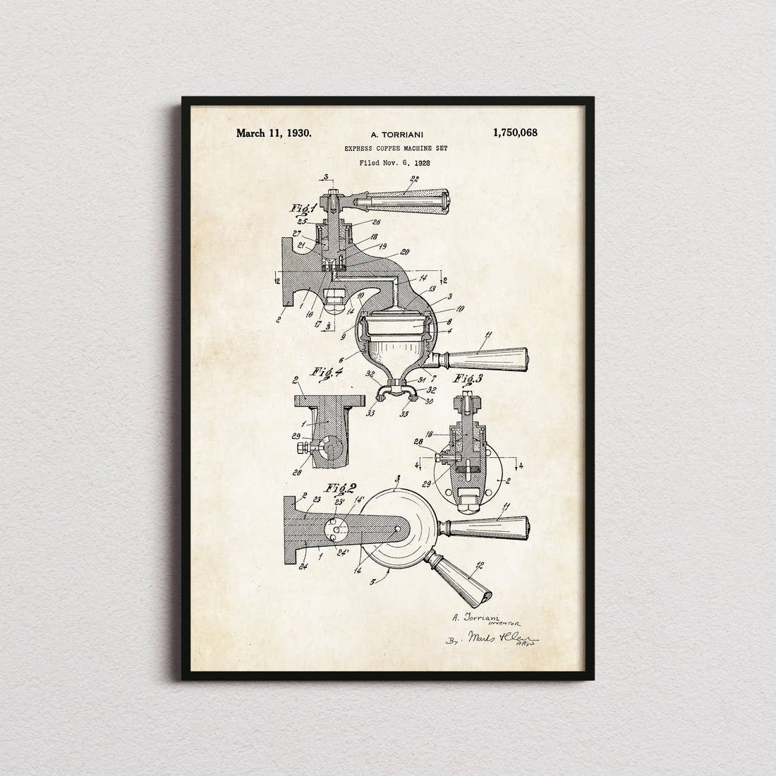Espresso Coffee Machine Patent Print in the aged paper colourway, framed