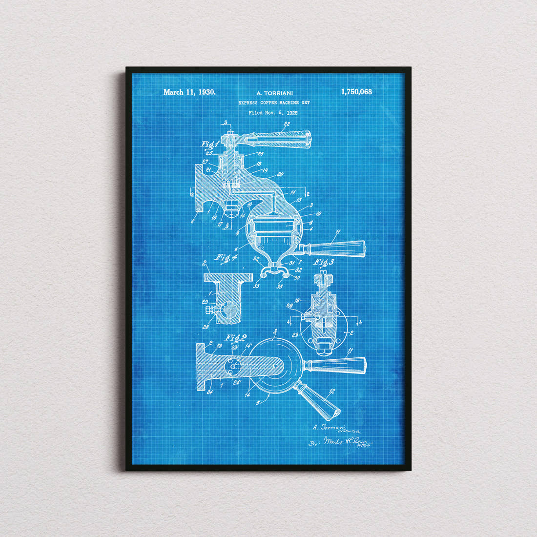 Espresso Coffee Machine Patent Print in the blueprint colourway, framed