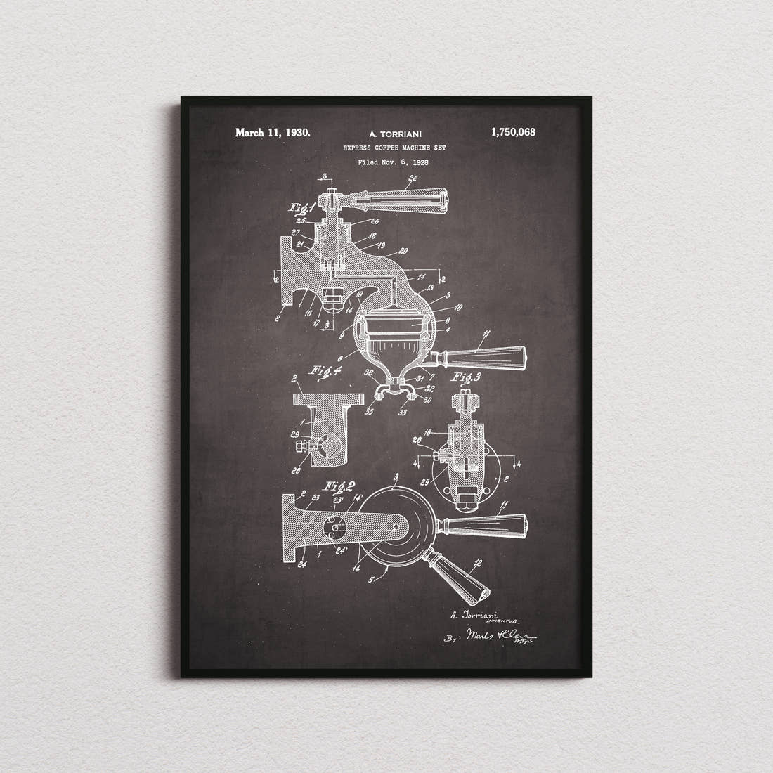 Espresso Coffee Machine Patent Print in the blackboard colourway, framed