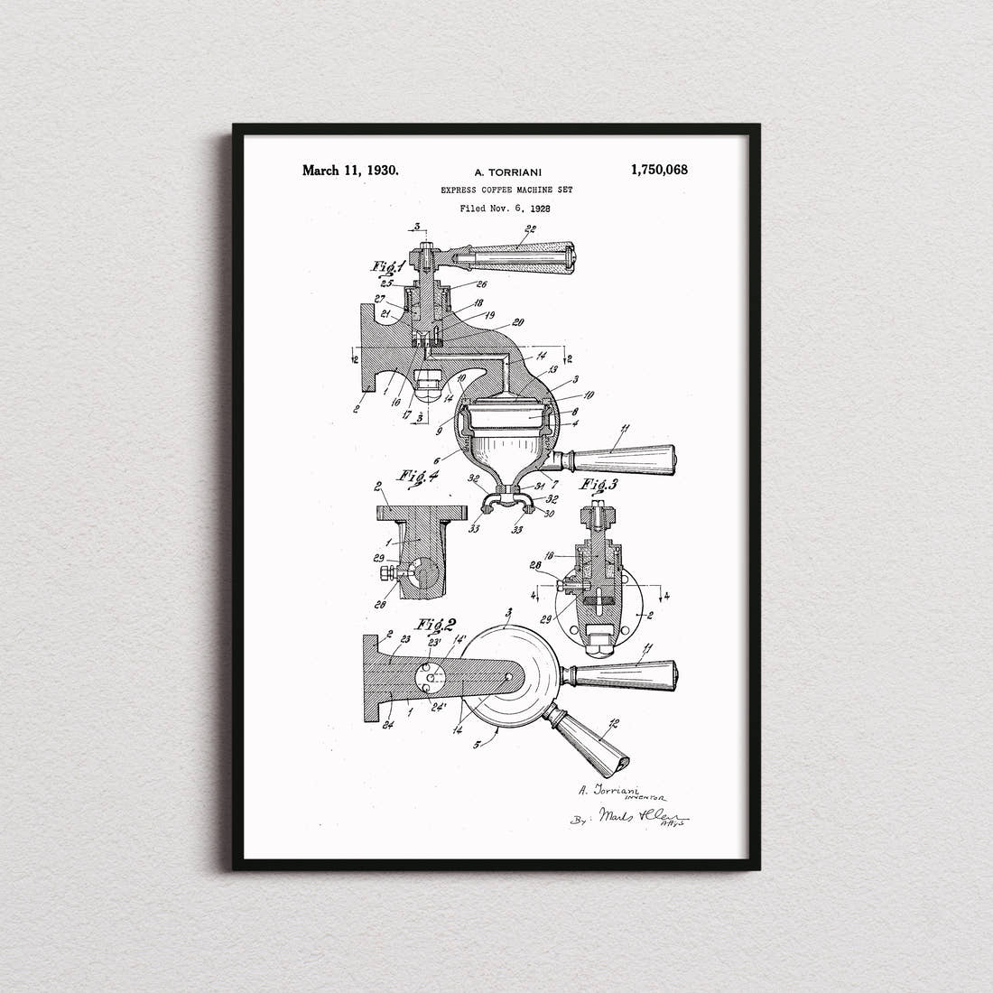 Espresso Coffee Machine Patent Print in the white colourway, framed