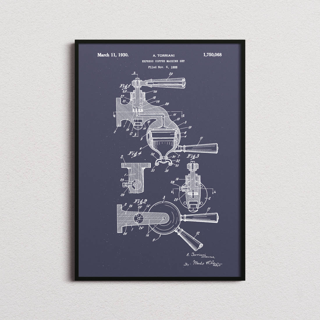 Espresso Coffee Machine Patent Print in the navy colourway, framed