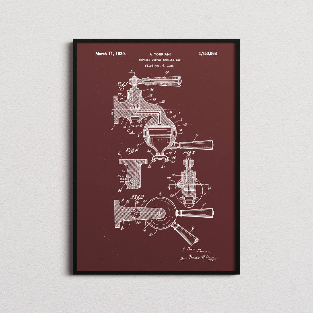 Espresso Coffee Machine Patent Print in the burgundy colourway, framed