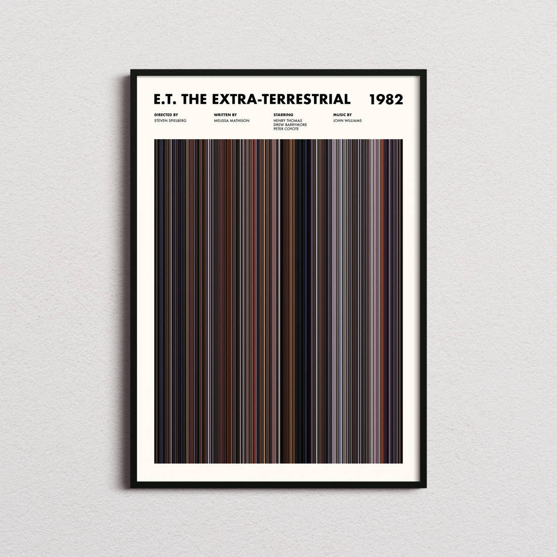 E.T. the Extra-Terrestrial Movie Barcode Poster framed on a plain studio wall