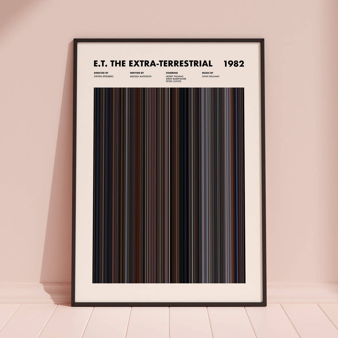 E.T. the Extra-Terrestrial Movie Barcode Poster framed and leaning against a coloured wall