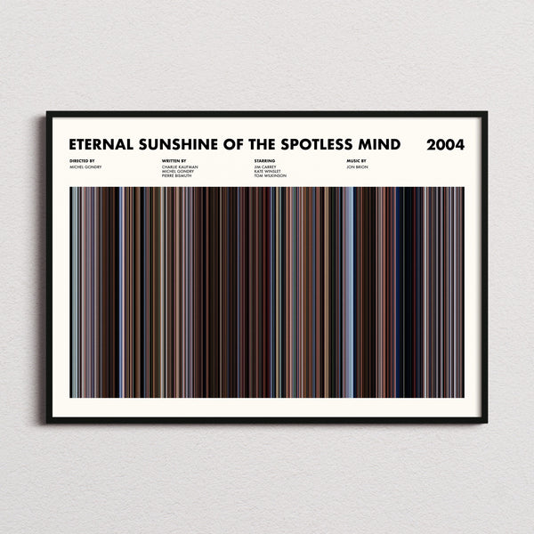 Eternal Sunshine Of The Spotless Mind Movie Barcode Poster framed and photographed straight on