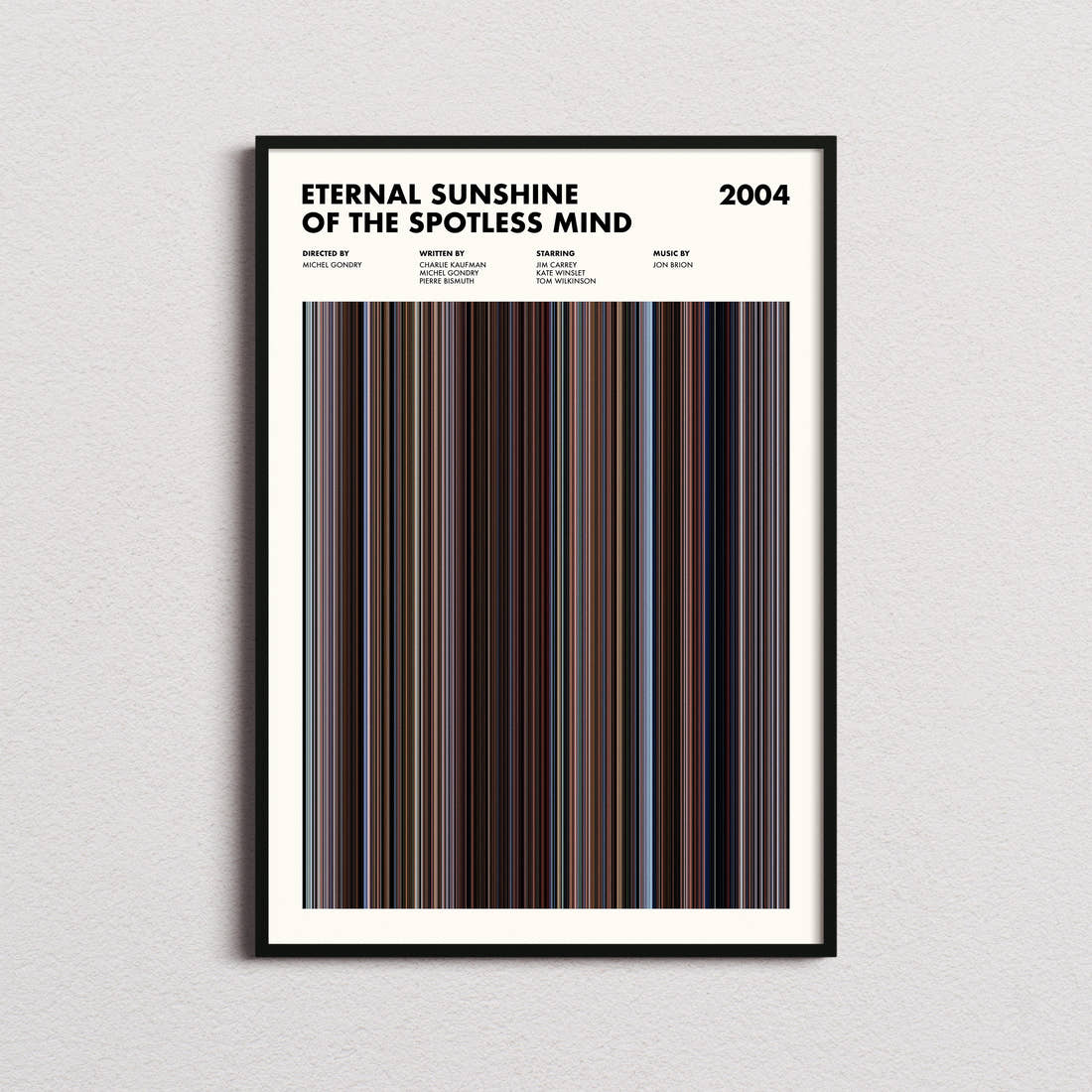 Eternal Sunshine Of The Spotless Mind Movie Barcode Poster framed on a plain studio wall