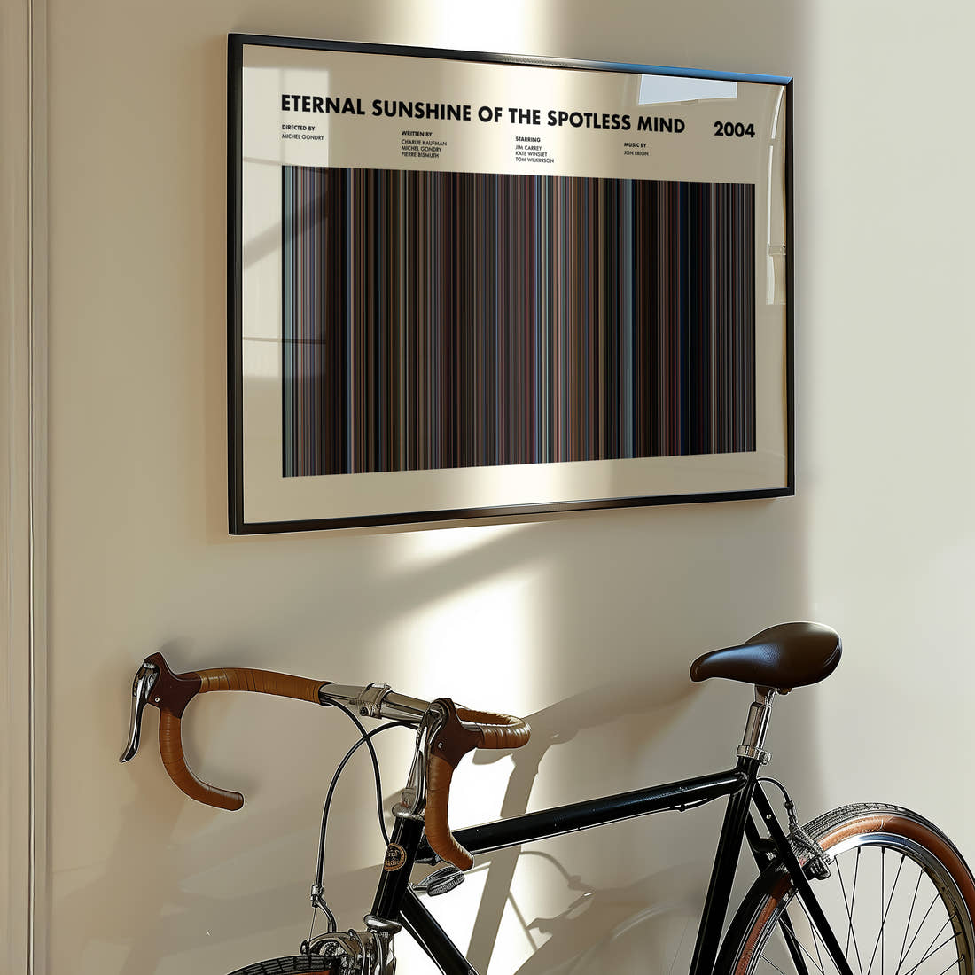 Eternal Sunshine Of The Spotless Mind Movie Barcode Poster framed on the wall of a styled room setting