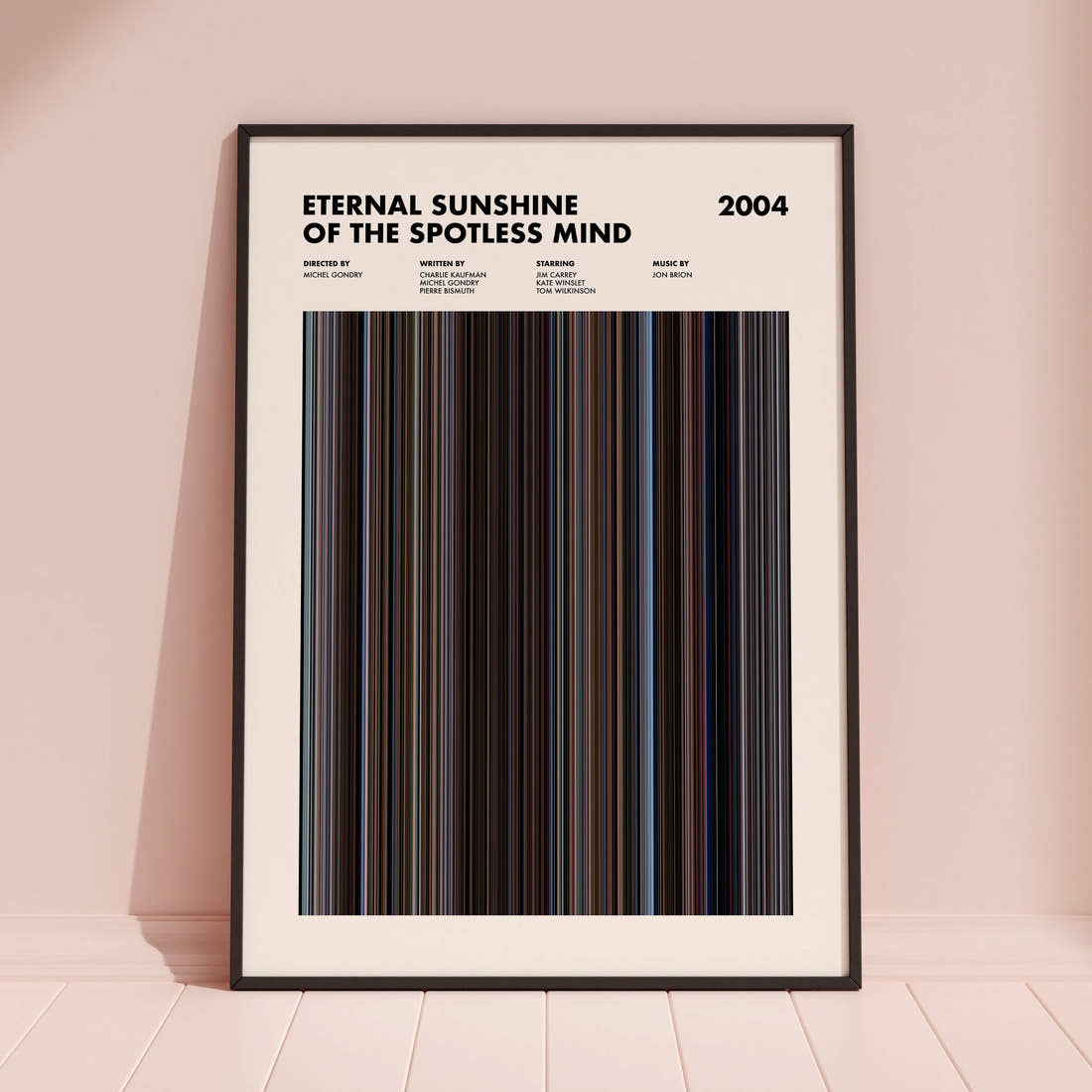 Eternal Sunshine Of The Spotless Mind Movie Barcode Poster framed and leaning against a coloured wall